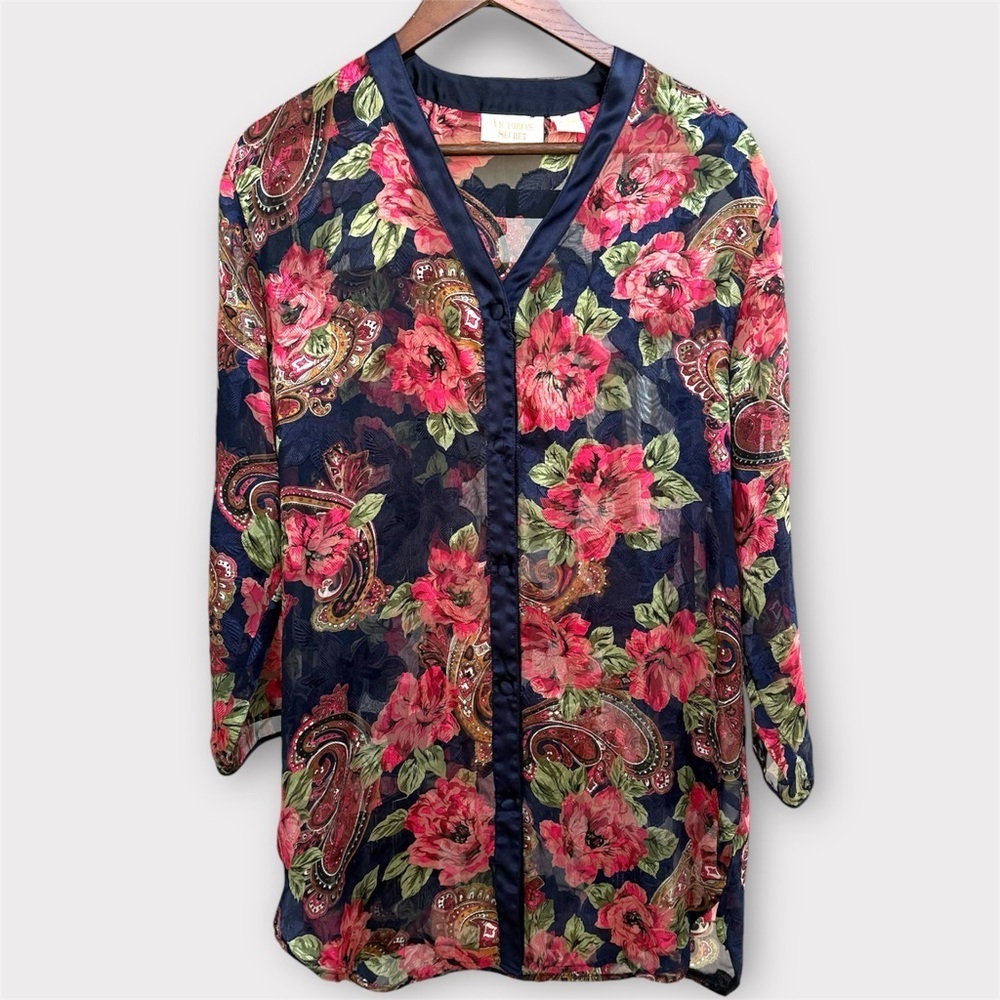 Victoria’s Secret Vintage Gold Label Floral Sheer Night Gown Sleep Shirt Small